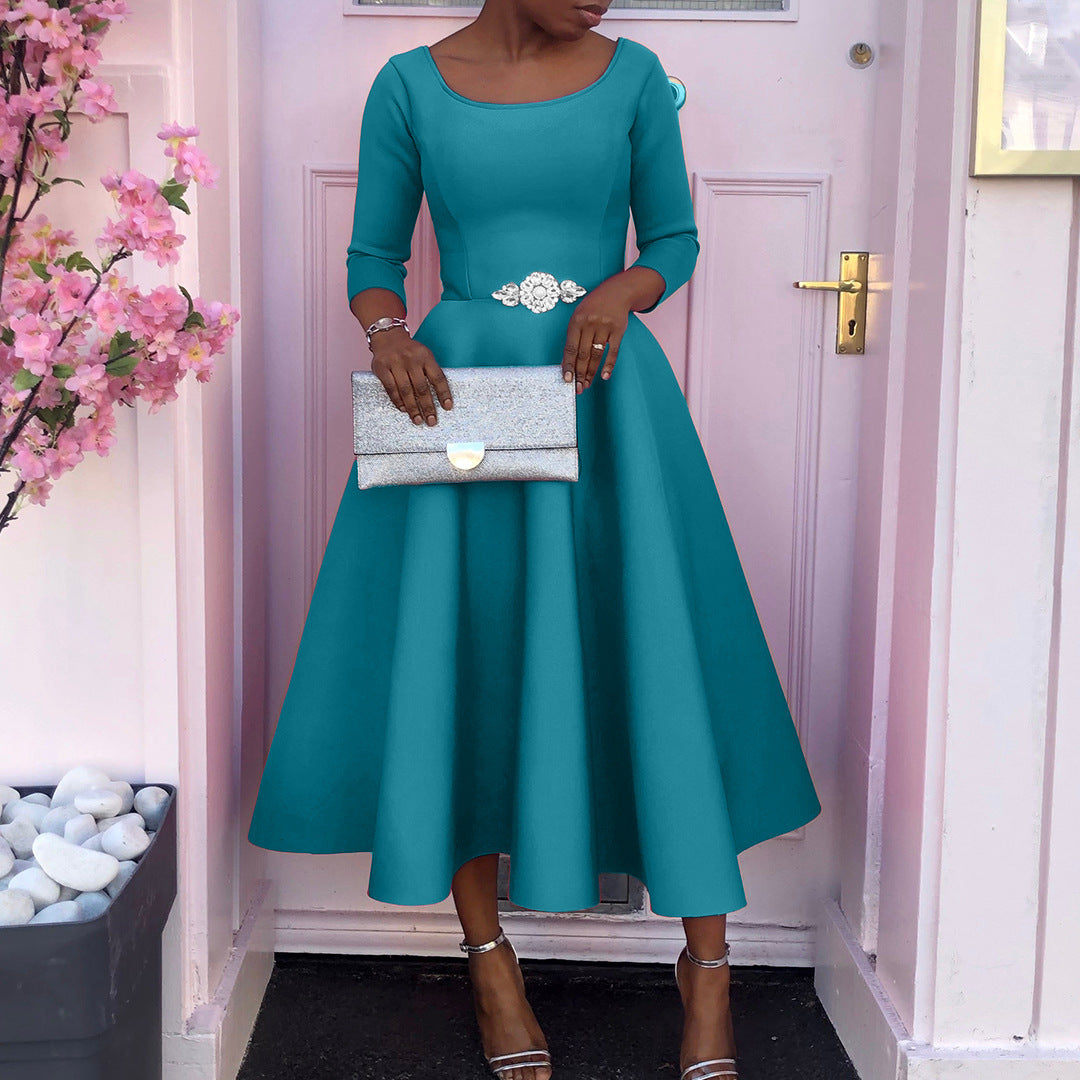 Women's Summer Solid Color Swing Dress Chic Evening Dress 6