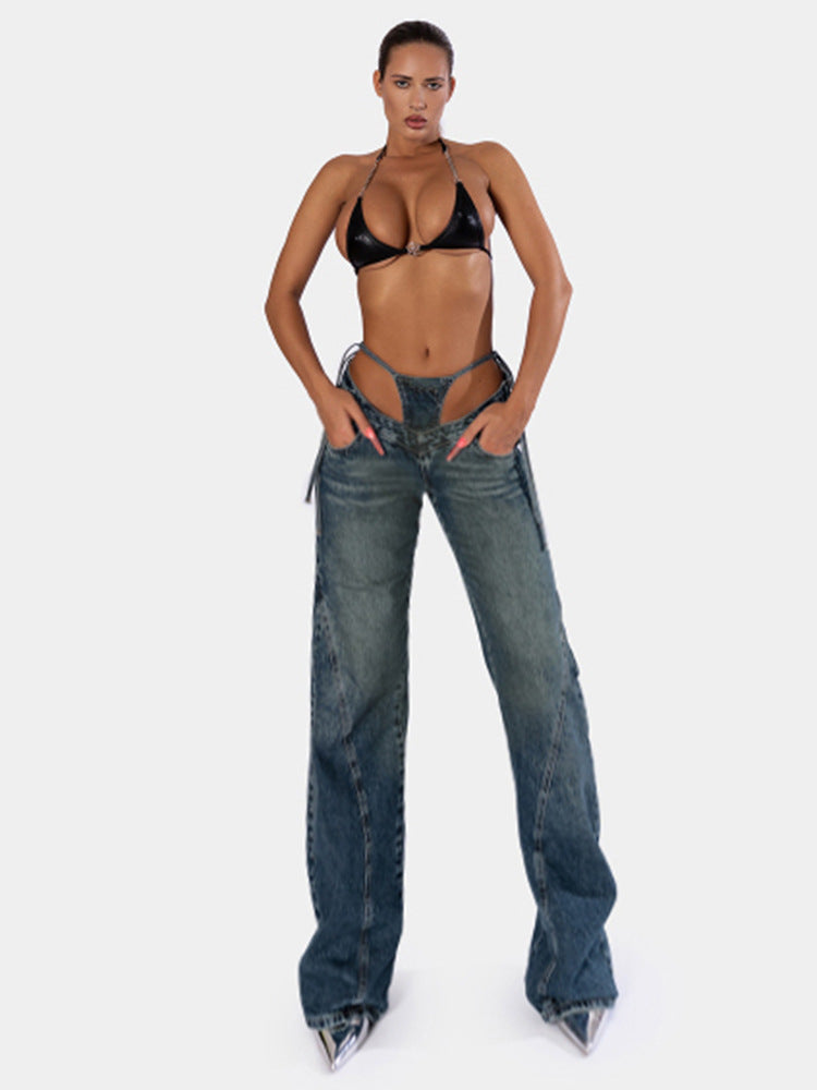 Women irregular patchwork panties fake two-piece Casual Denim trousers 4