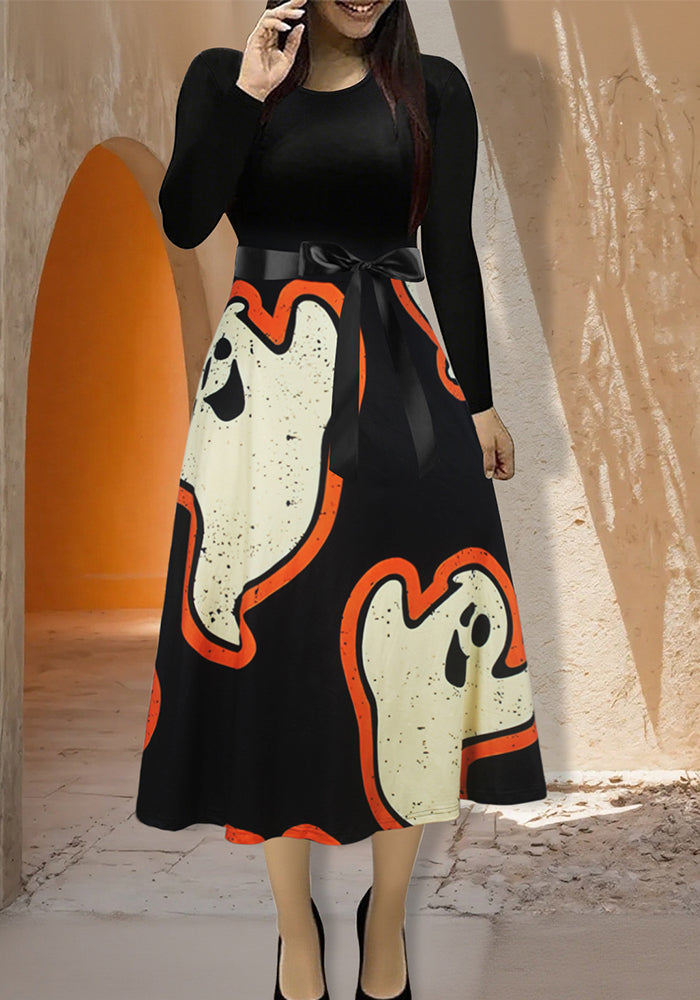 Women Halloween Long-Sleeved Round Neck Dress with Bow