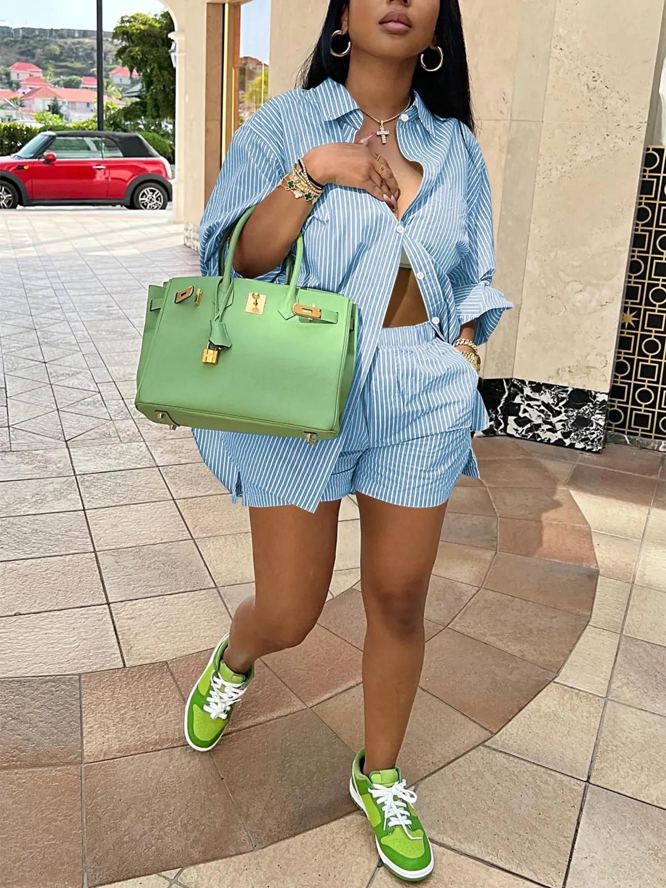 Women Spring Summer Holidays Long Sleeve Shirt Striped Shorts Two Piece Set 5