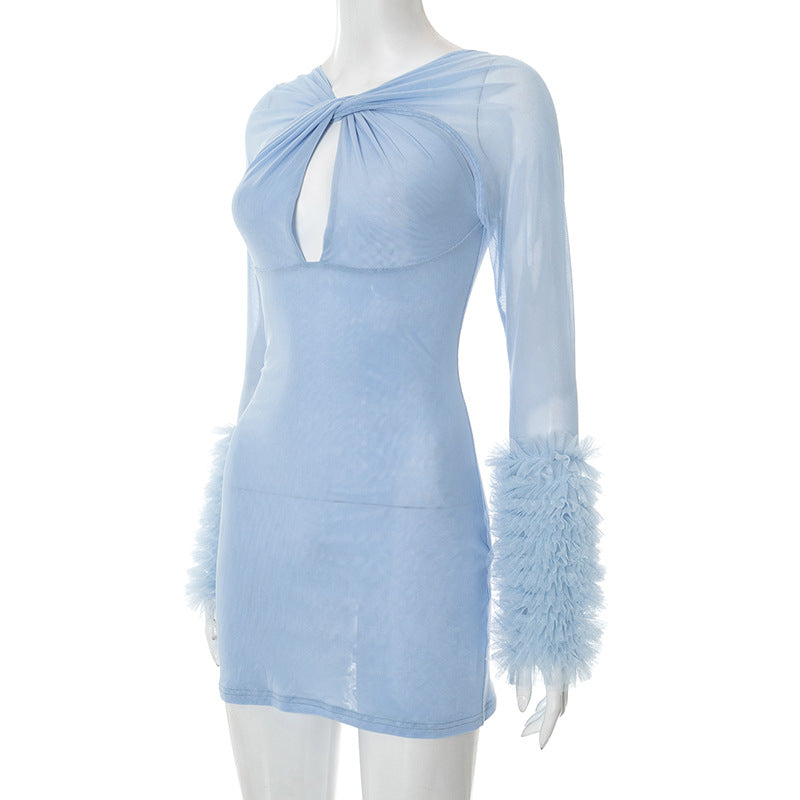 Women's Mesh Cross Hollow Out Long Sleeve Fuzzy Cuff Tight Fitting Bodycon Short Dress 8
