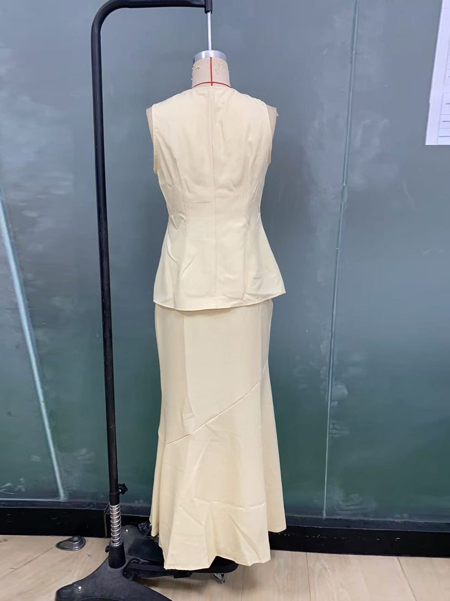 Women summer solid vest fishtail skirt two-piece set 7