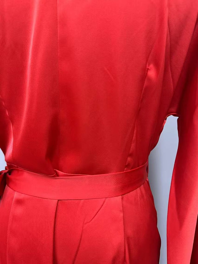 Women Spring Summer Sexy Lace-up Satin Dress 9