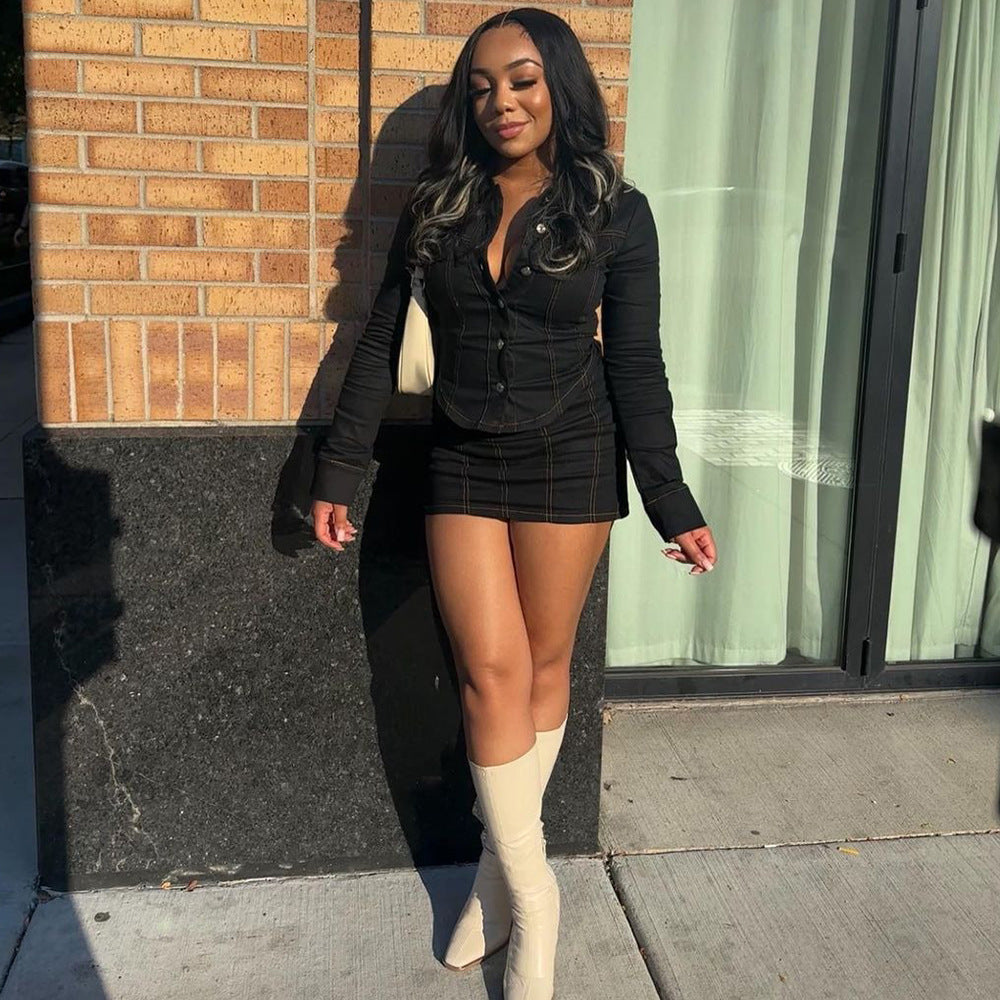 Spring Autumn Solid Color Long Sleeve Two Piece Skirt Set Casual Women's Clothing 4