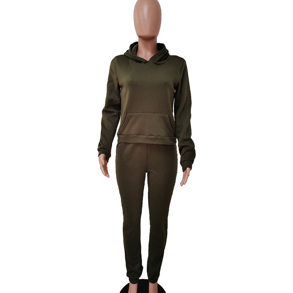 Women Fall/Winter Solid Hoodies and Pant Sport Two-Piece Set 34