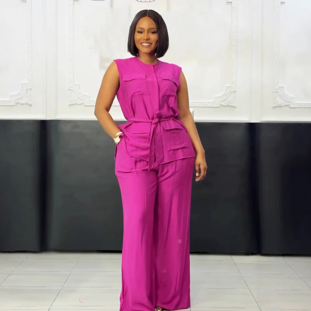 Career Casual Round Neck Lace-Up Sleeveless Vest & Wide-Leg Pants Set 3