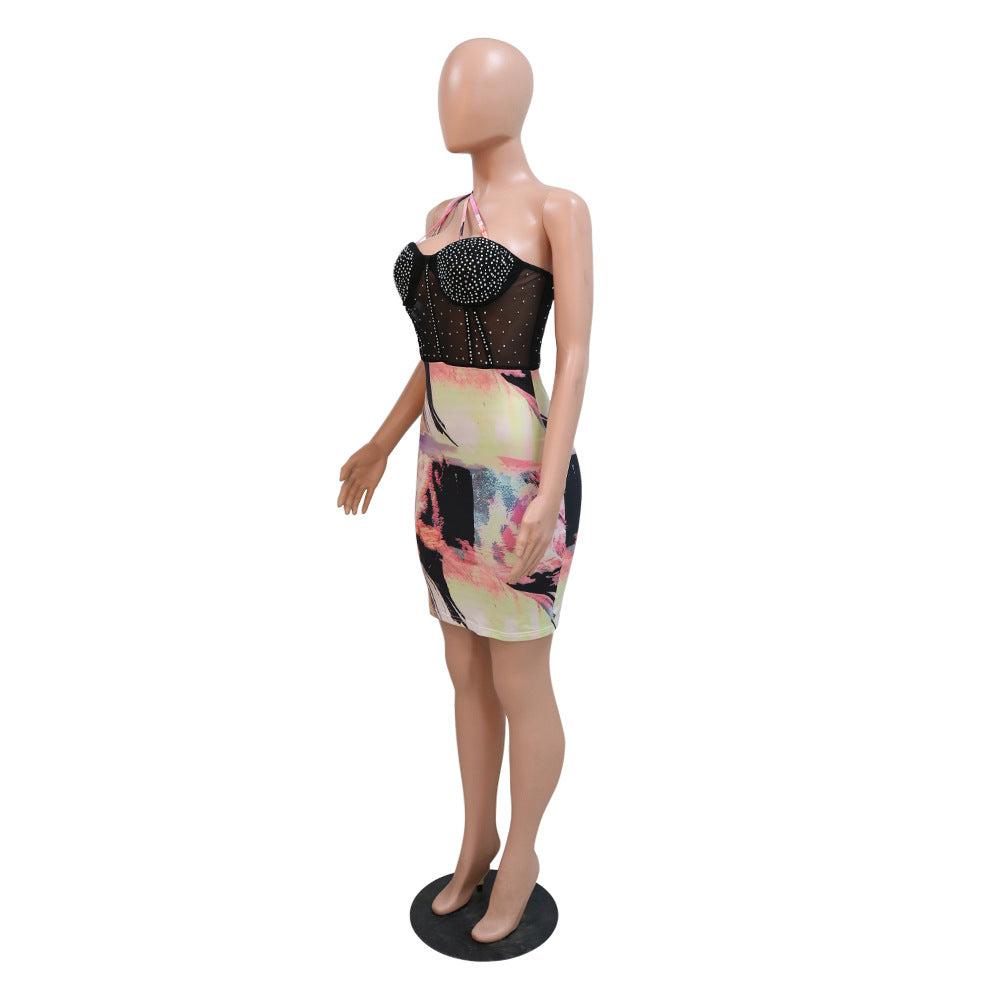 Fashion Beaded Strap Mesh Patchwork Dress 9