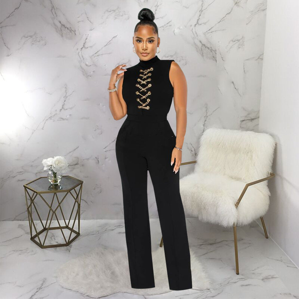 Women's Sexy Solid Color Sleeveless Round Neck Wide-Leg Jumpsuit 3