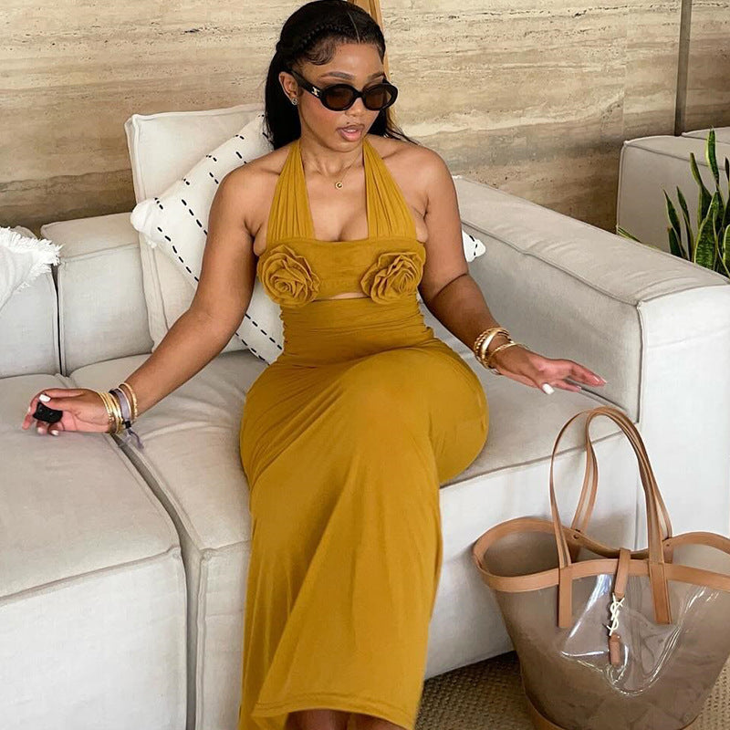 Women Fall Halter Neck Floral Dress