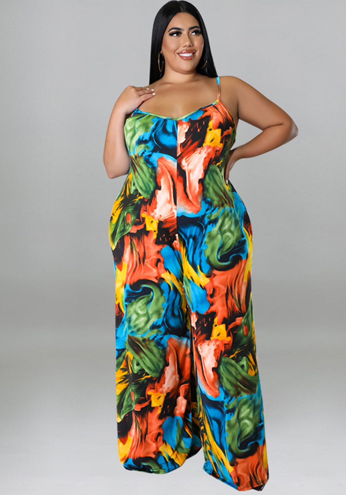 Plus Size Women summer suspender print Jumpsuit with belt