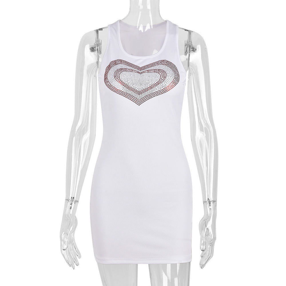 Women Spring Summer Beaded Heart Print U Neck Sexy Dress 4