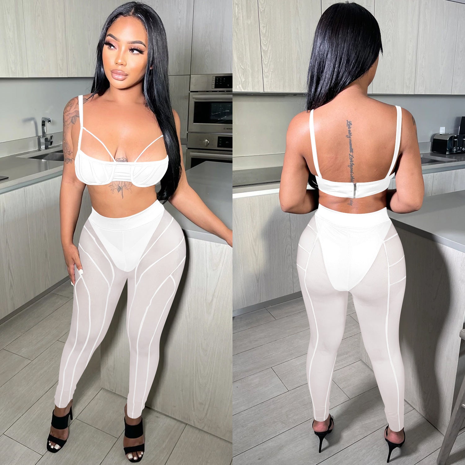 Women sexy bra strap zipper mesh See-Through trousers two-piece set 4