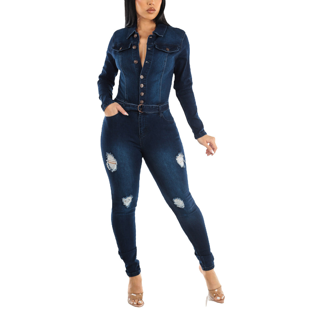 Women Stretch Ripped Washed Long Sleeve Denim Jumpsuit 4