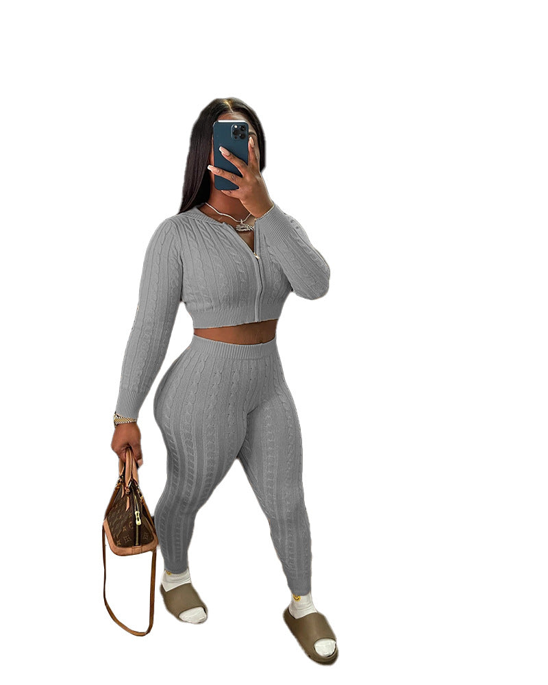 Women Solid knitting sweater and trousers two-piece set 9