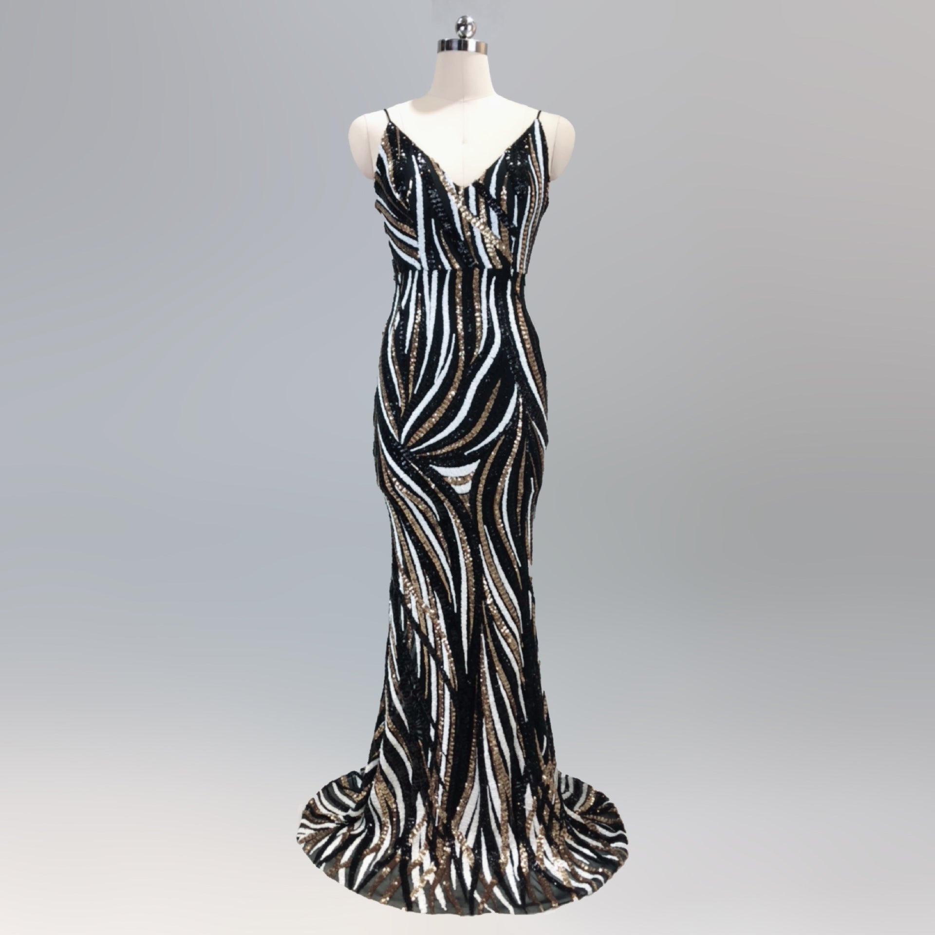 High end sequin stripe color slim fitting dinner party annual meeting suspender long dress 15