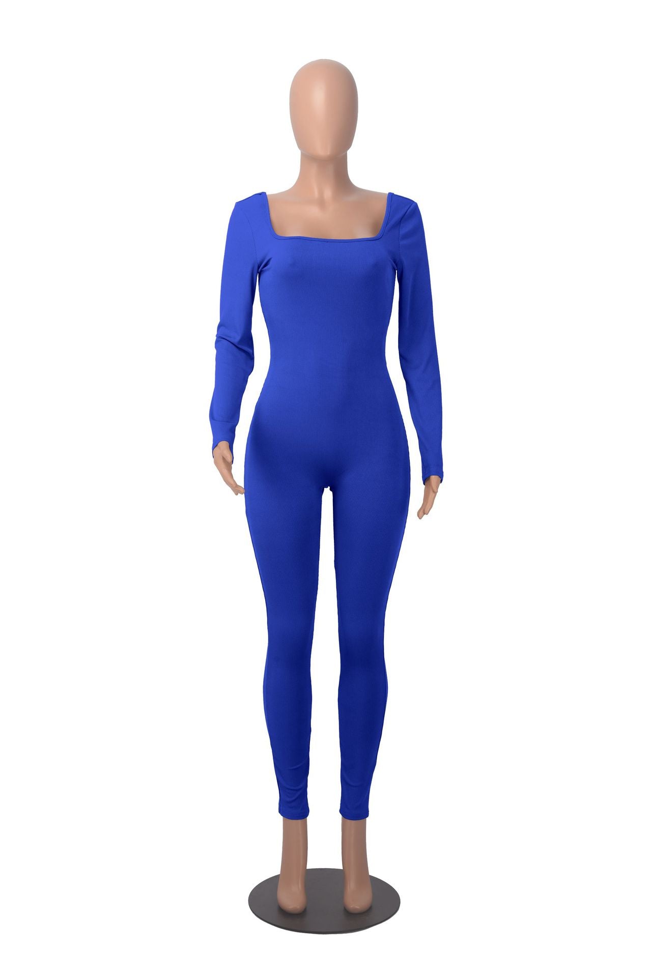 Women's Solid Color Long Sleeve Ribbed Square Neck Low Back Butt Lift Slim Athletic Jumpsuit 26