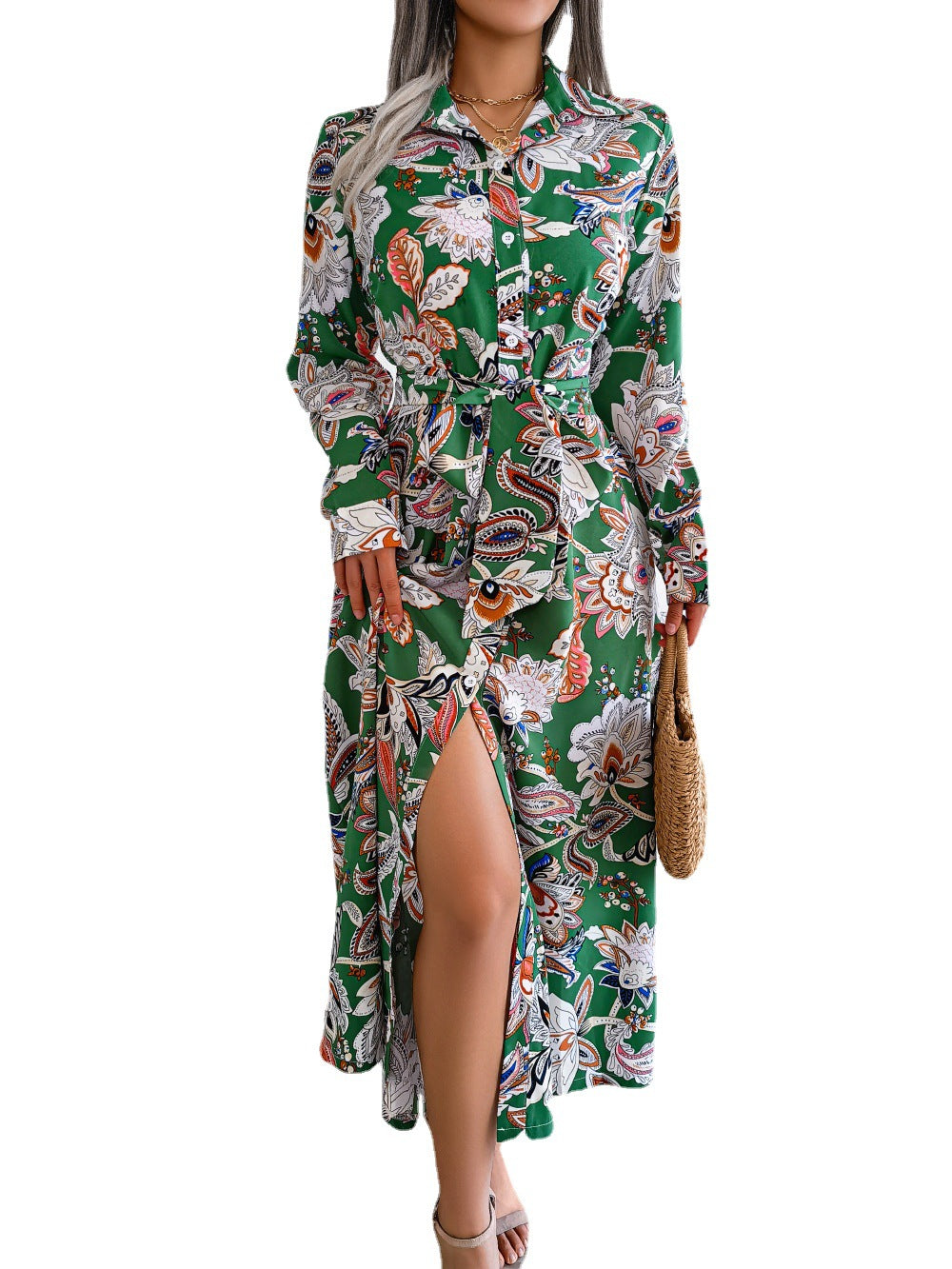 Women Vintage Floral Turndown Collar Tie Shirt Dress 8