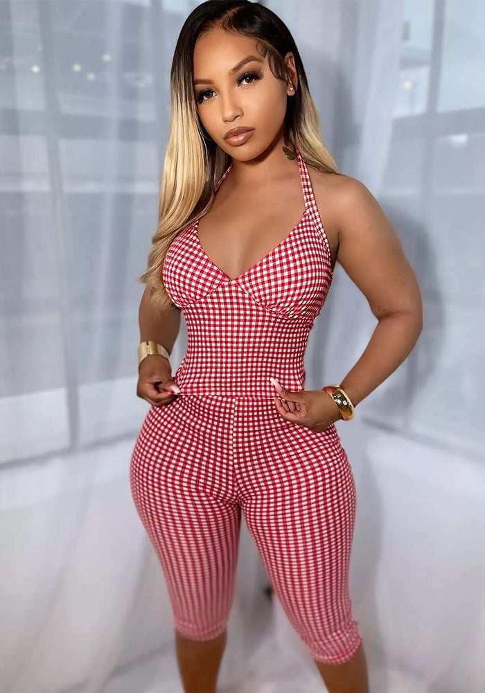 Fashion Plaid Print Sexy Stretch Short Halter Top Slim Tight Pants Set