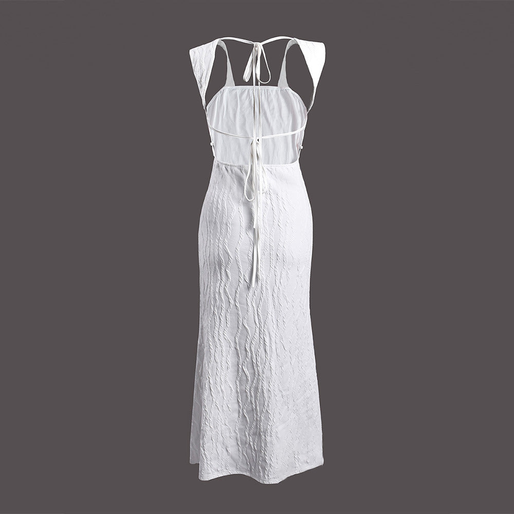 Striped Sexy Square Neck Strappy Low Back Long Dress 6