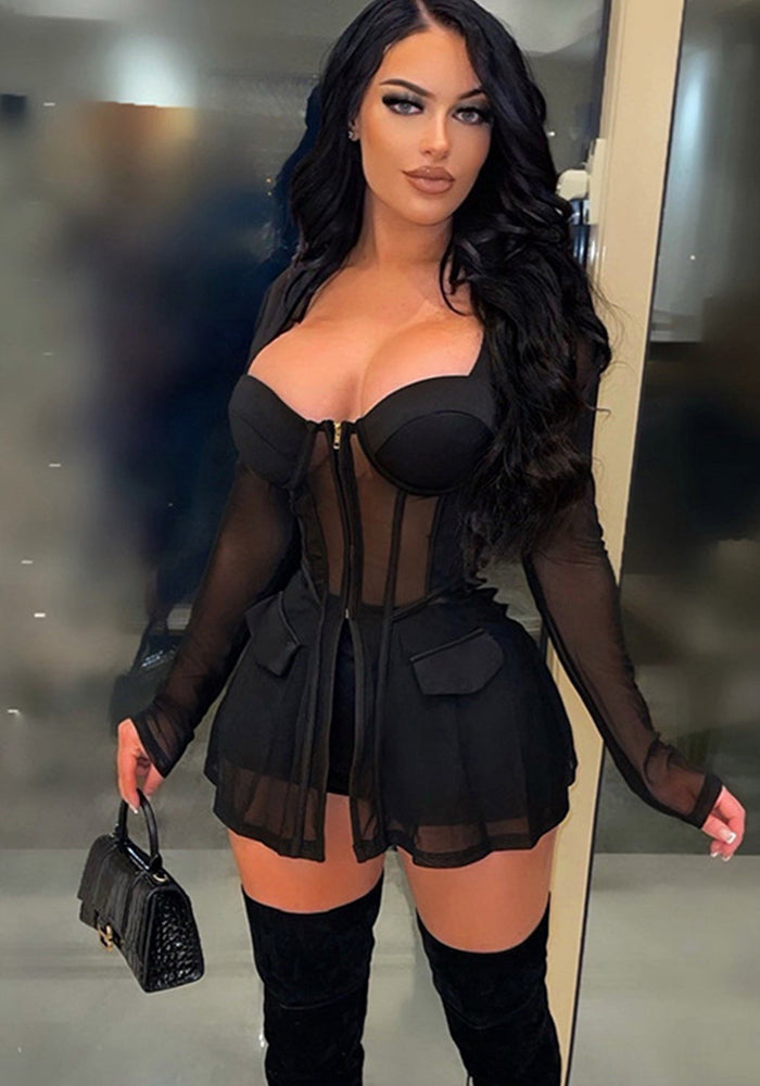 Women Mesh See-Through Patchwork Zipper Top and Shorts Two-piece Set 7