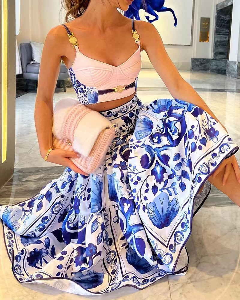 Printed Strap Top A-Lini Long Skirt Two-Piece Set 4