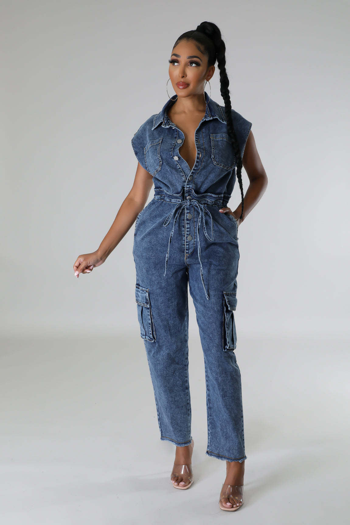 Women Elastic washed denim jumpsuit