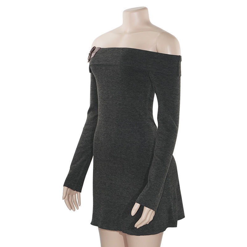 Women Fall Solid Off Shoulder Long Sleeve Sexy Off-shoulder Dress 6