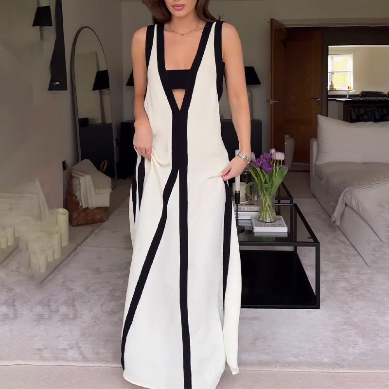 Summer Fashion Contrast Color Sleeveless V-Neck Sexy Strap Maxi Dress