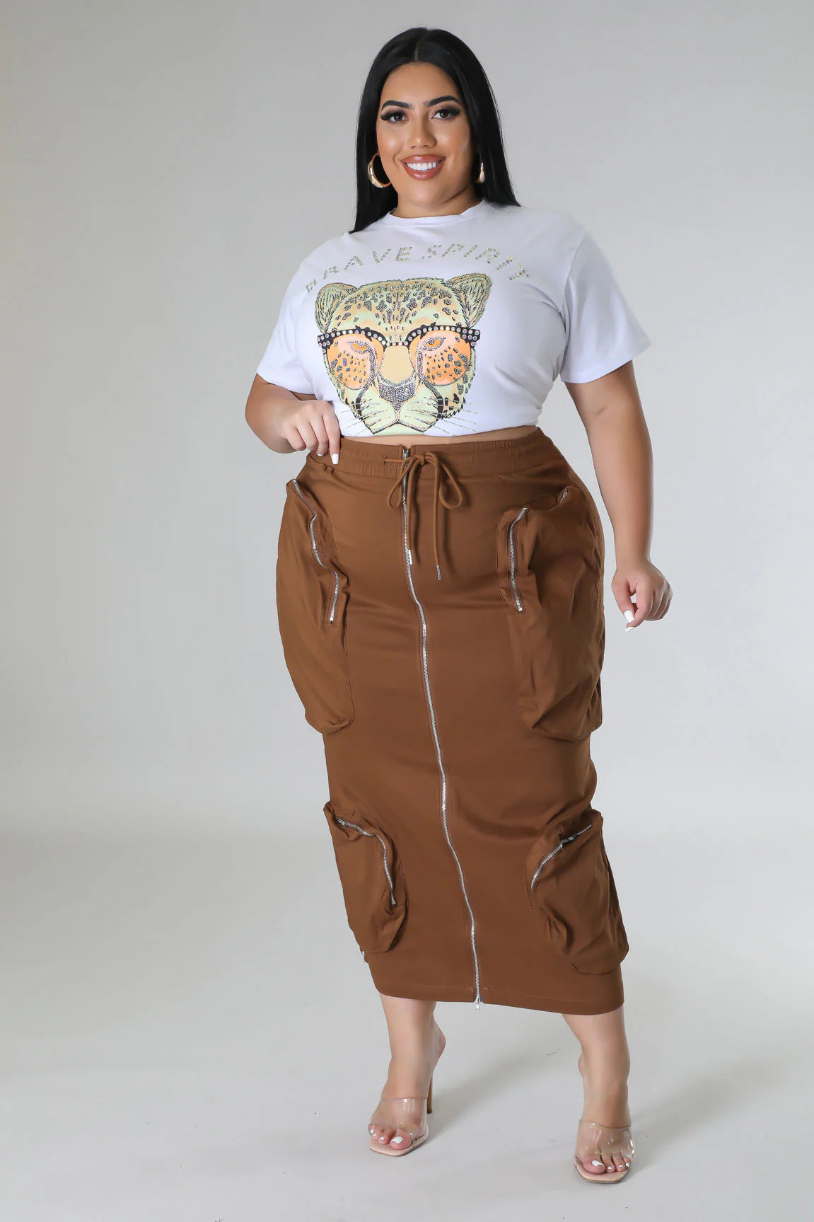 Plus Size Women Waist Cord Zipper Cargo Skirt 13