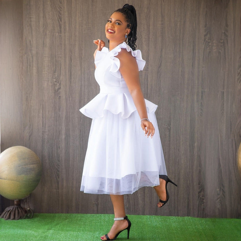 Ruffle Mesh Patchwork Mid-Length Wedding Dress