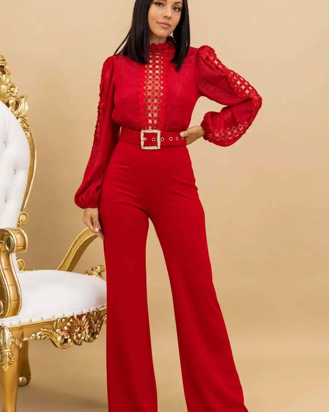 Women Elegant Lace Patchwork Lace-Up Wide-Leg Jumpsuit