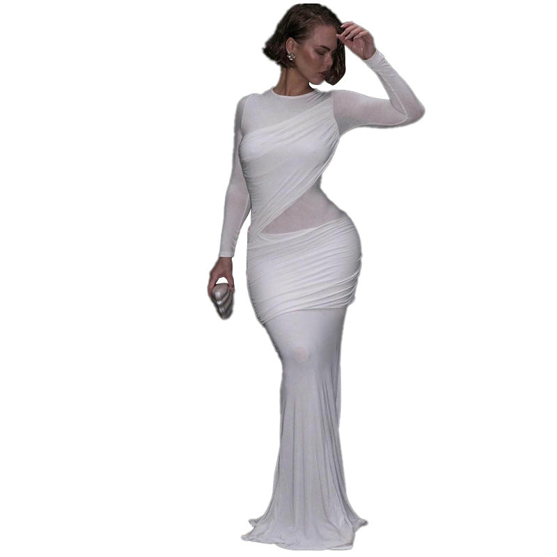 Autumn Fashion Elegant Solid Color Round Neck Patchwork High Waist Bodycon Dress 7