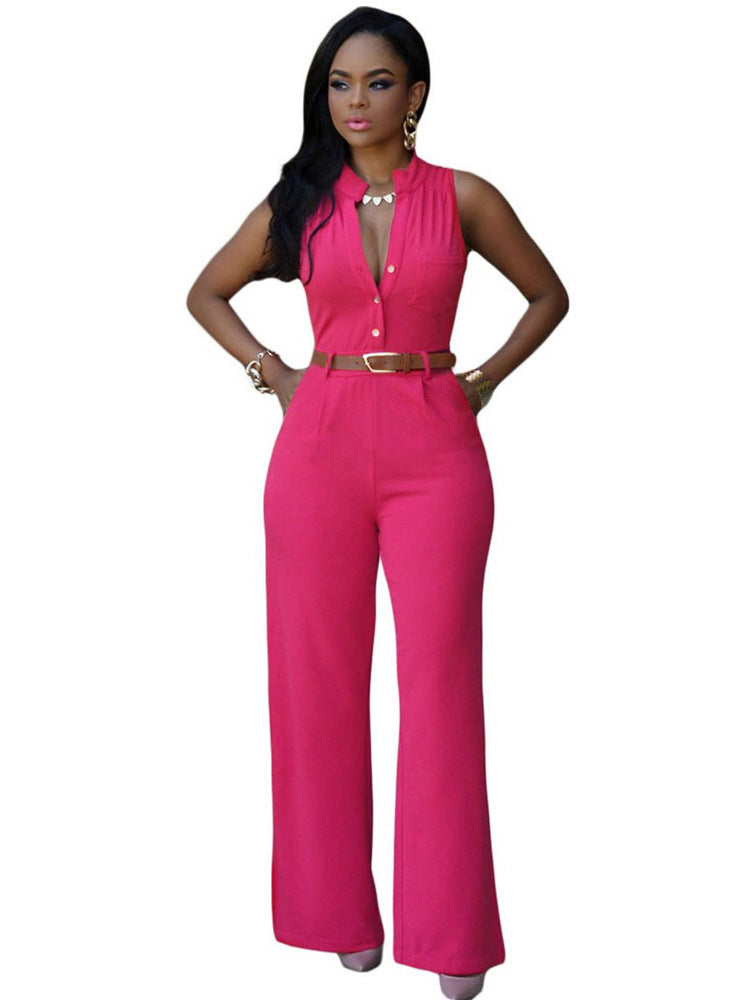 Women's Single Breasted Sleeveless High Waist Belted Wide Leg Jumpsuit 16