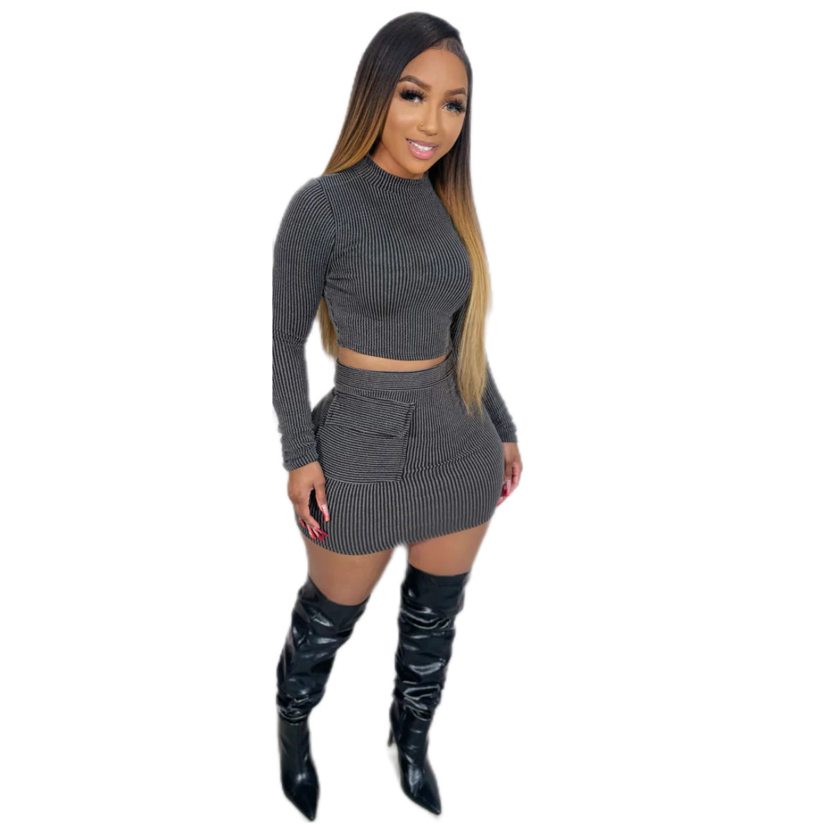 Women Long Sleeve Top and Bodycon Skirt Two-piece 3