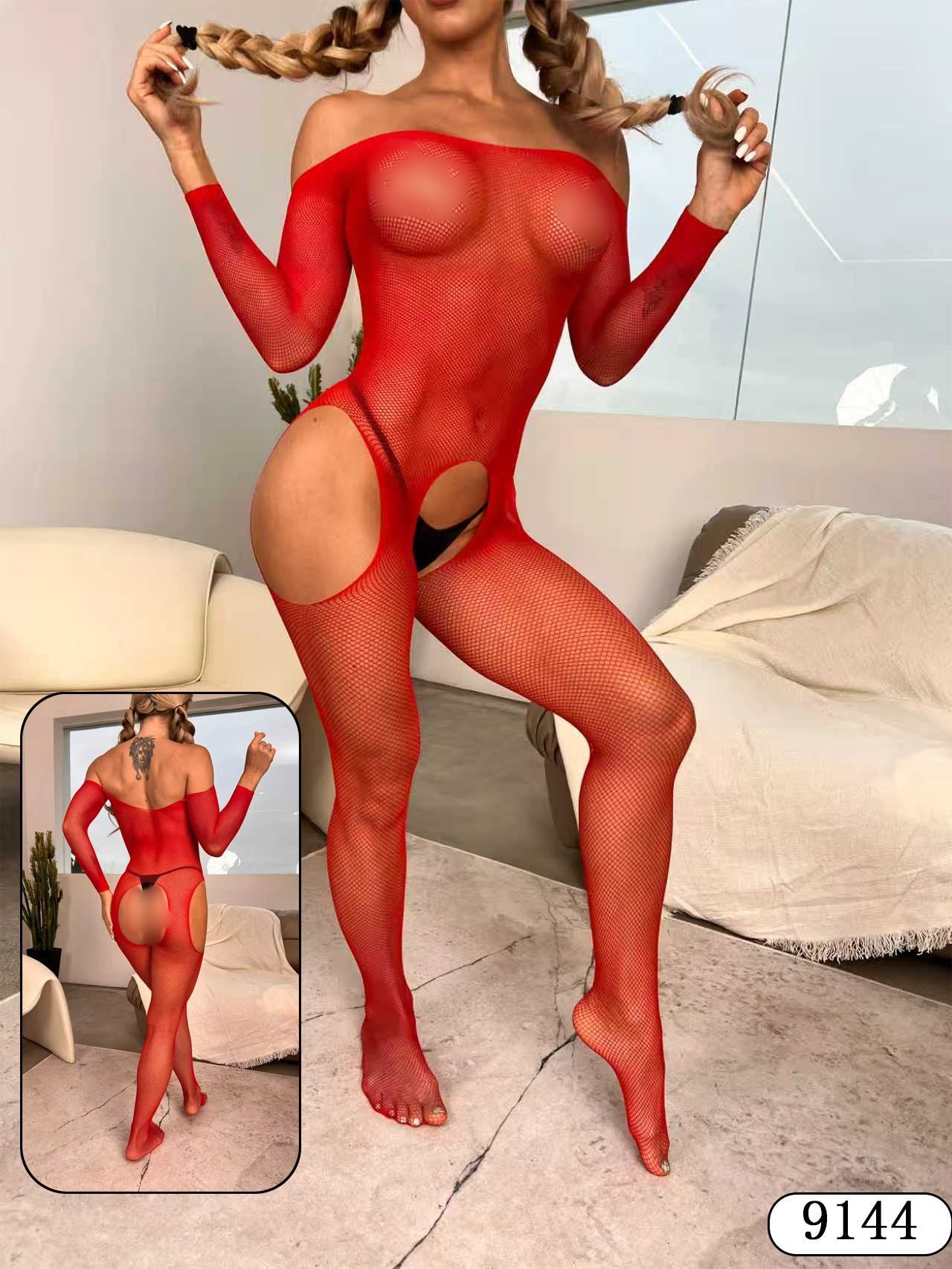 Women's Christmas Sexy Lingerie Plus Size Seductive Open-Crotch See-Through Mesh bBodystockings 32