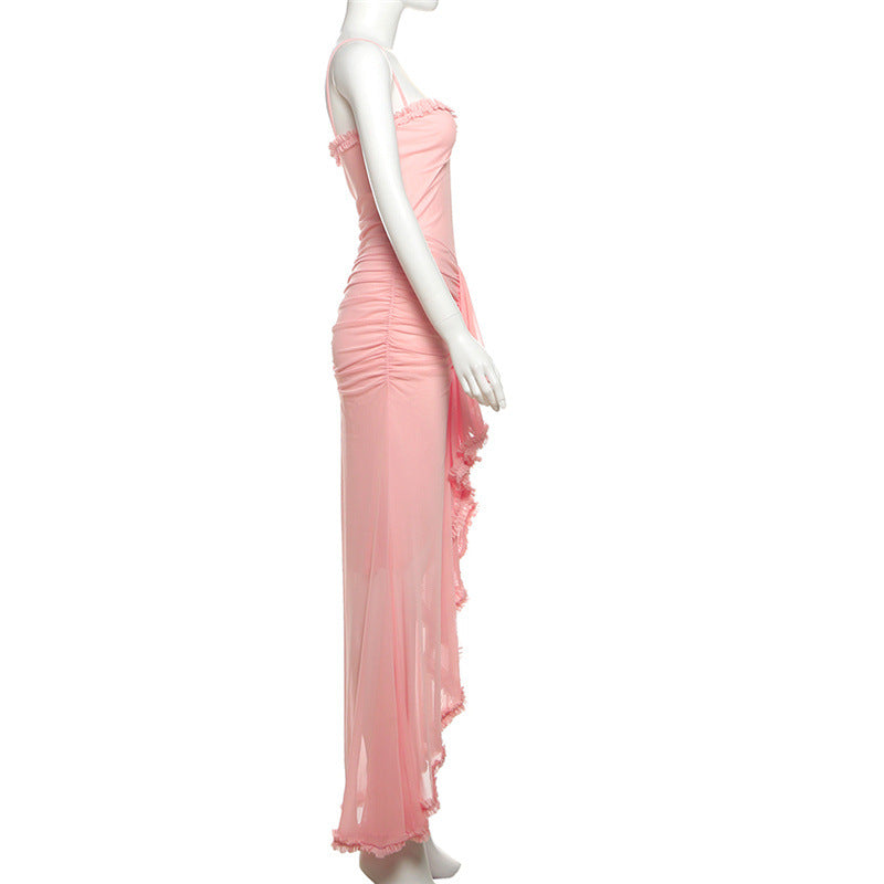 Women Sexy Backless Mesh Suspender Solid Dress 30