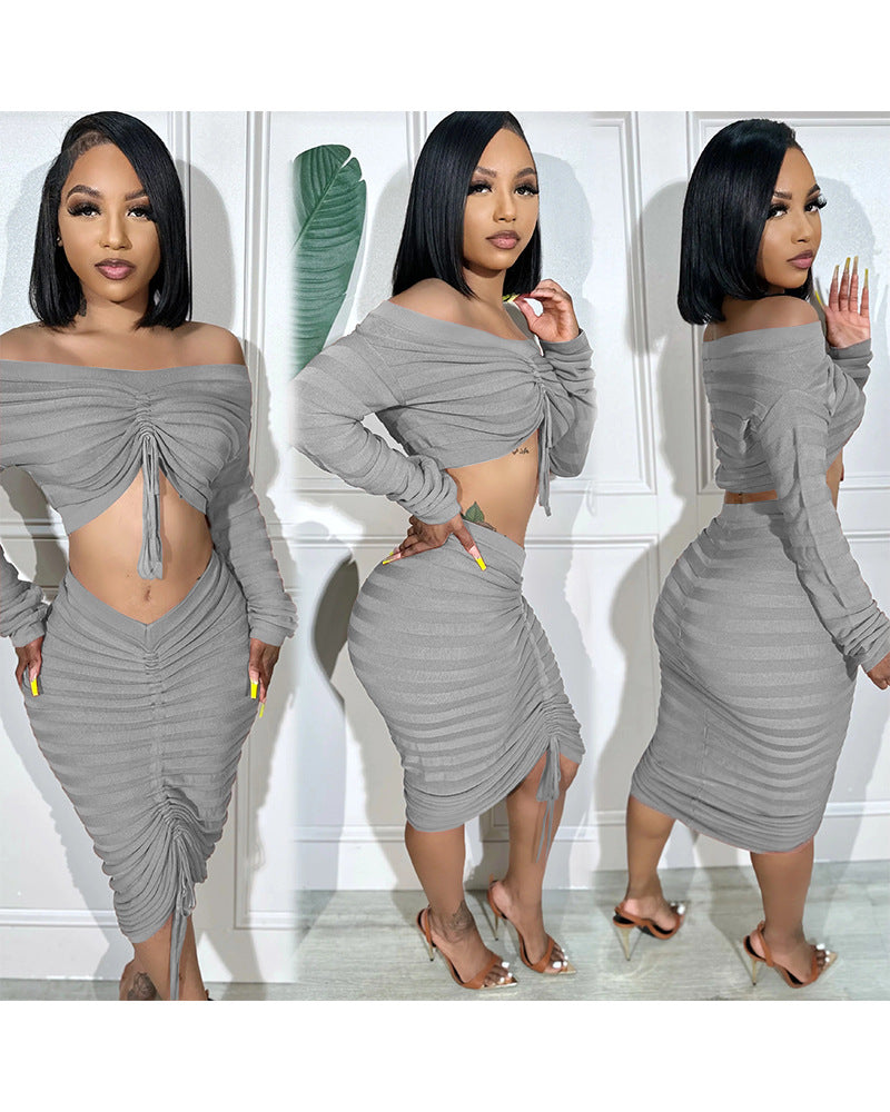 Women's Autumn and Winter Fashion Long Sleeve Off Shoulder Crop Top Drawstring Skirt Knitted two piece Set 6