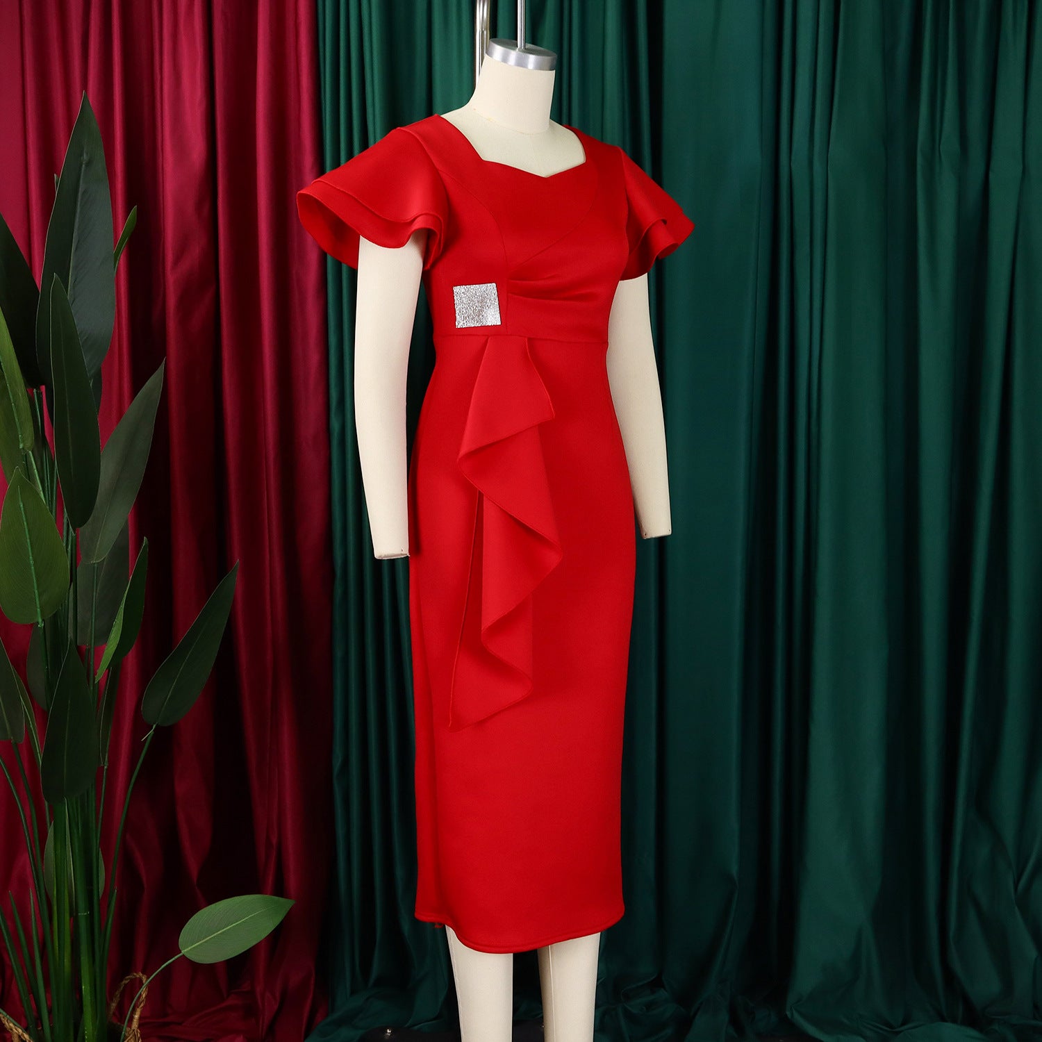 Women Elegant Ruffle Solid Bodycon Dress 21