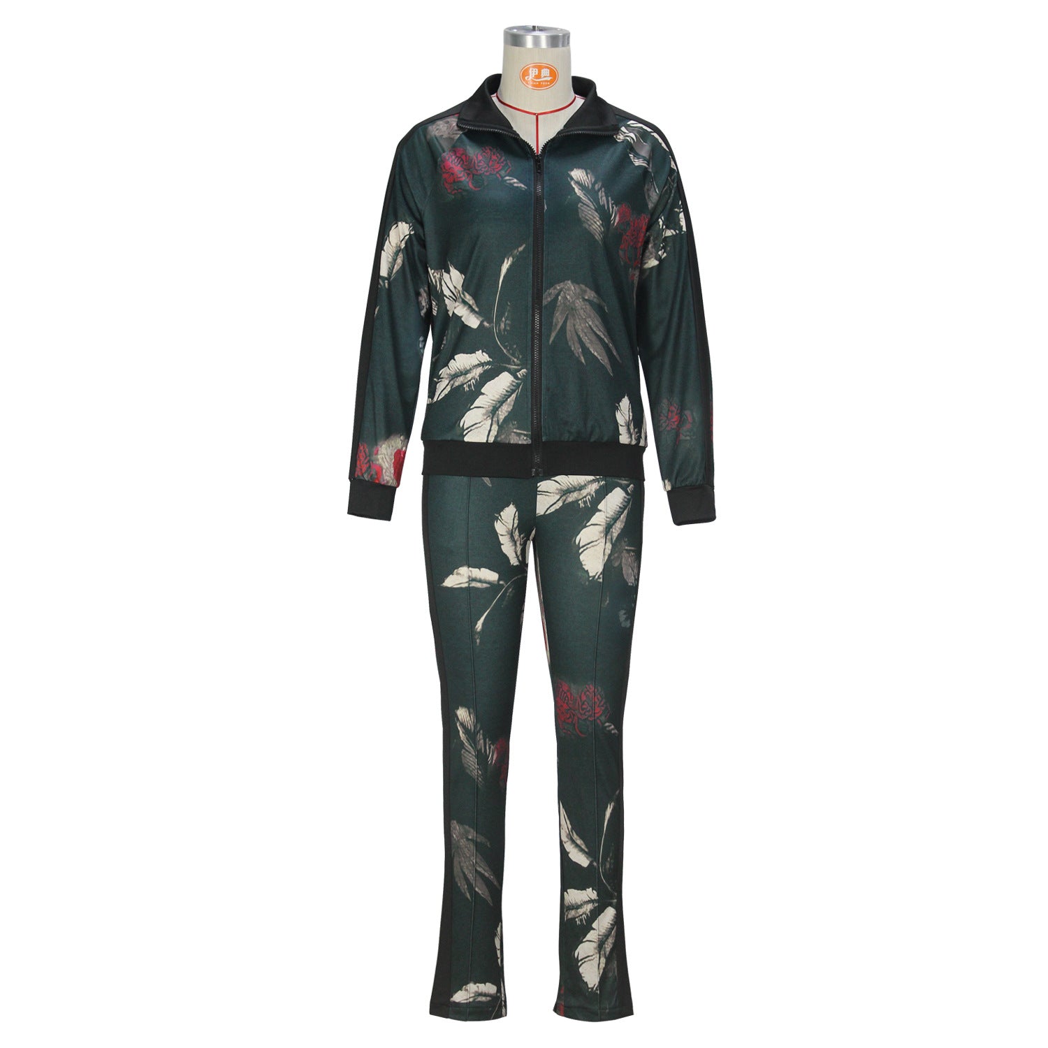 Women Top Zipper Placket Half High Neck Long Sleeve Top and Long Pants Casual Two-piece Set 6