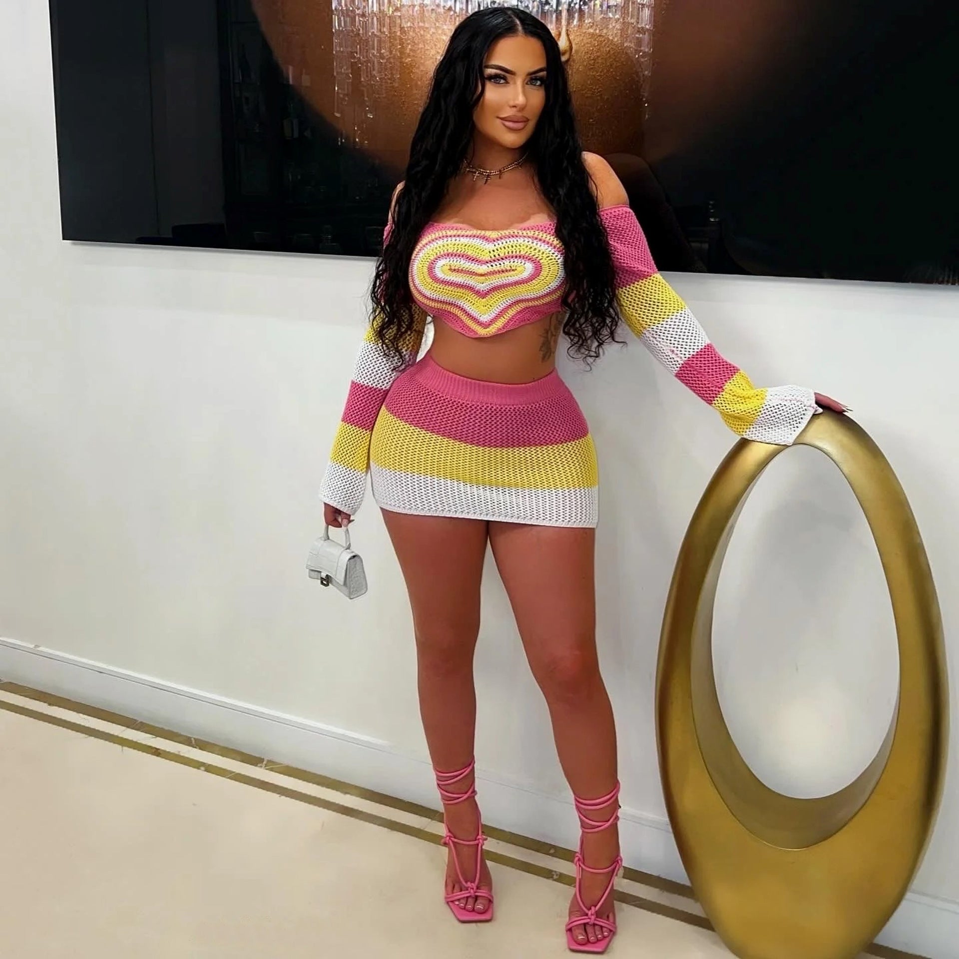 Women Hollow Knitting Top and Skirt Two-piece Set