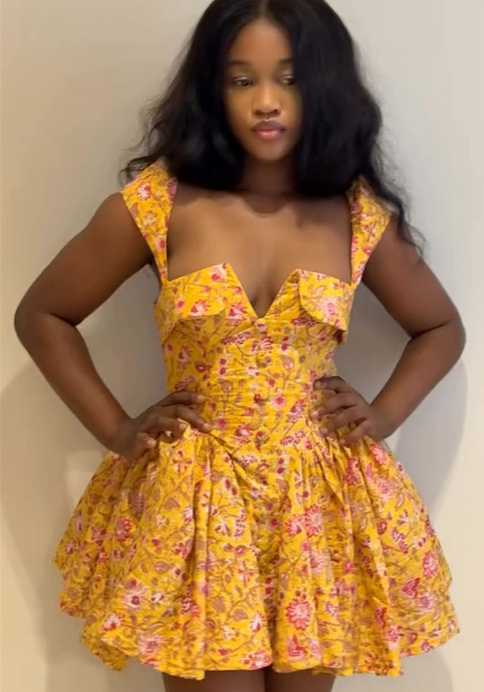 Women Summer Square Neck Printed Irregular Mini Dress