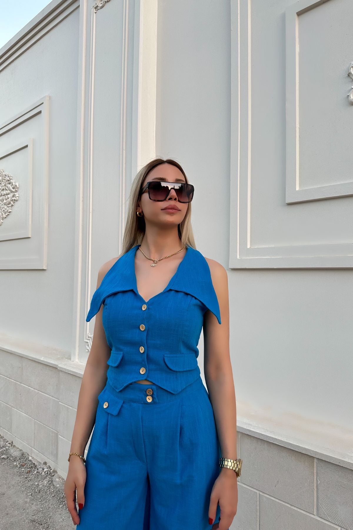 Women's Two Piece Set Summer Sleeveless Short Vest Top Loose Solid Color Trousers 4