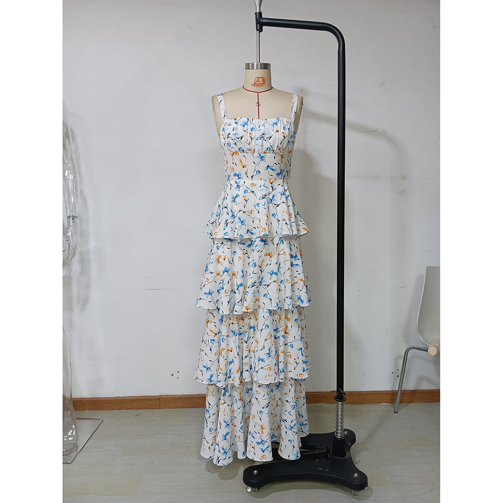 Women summer sexy strap floral cascading ruffles dress 9