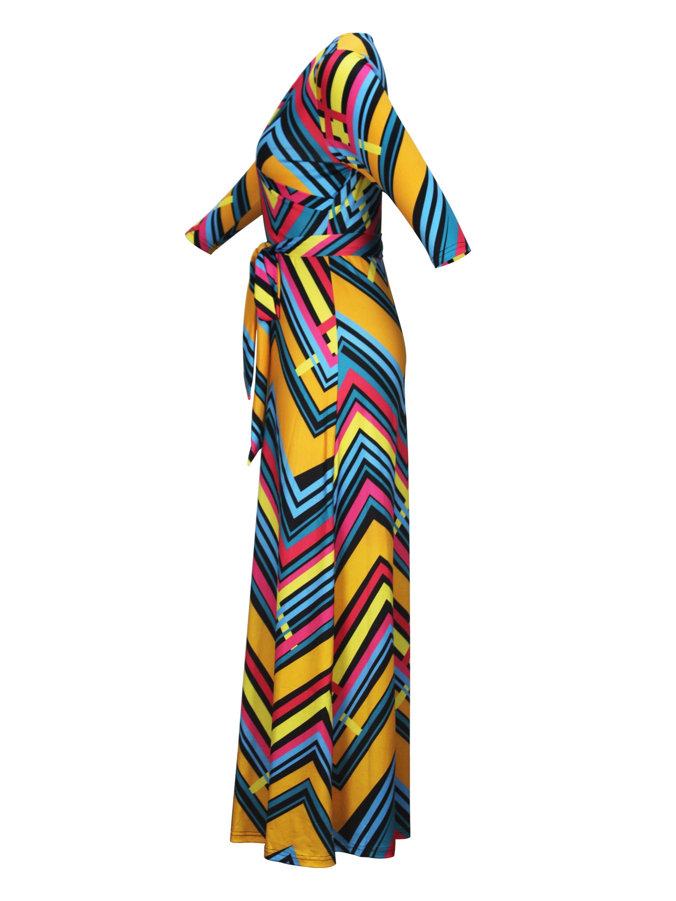 Spring & Autumn Women's Fashion Elegant Wrap V-Neck Half-Sleeve Print Belt Maxi Dress 118