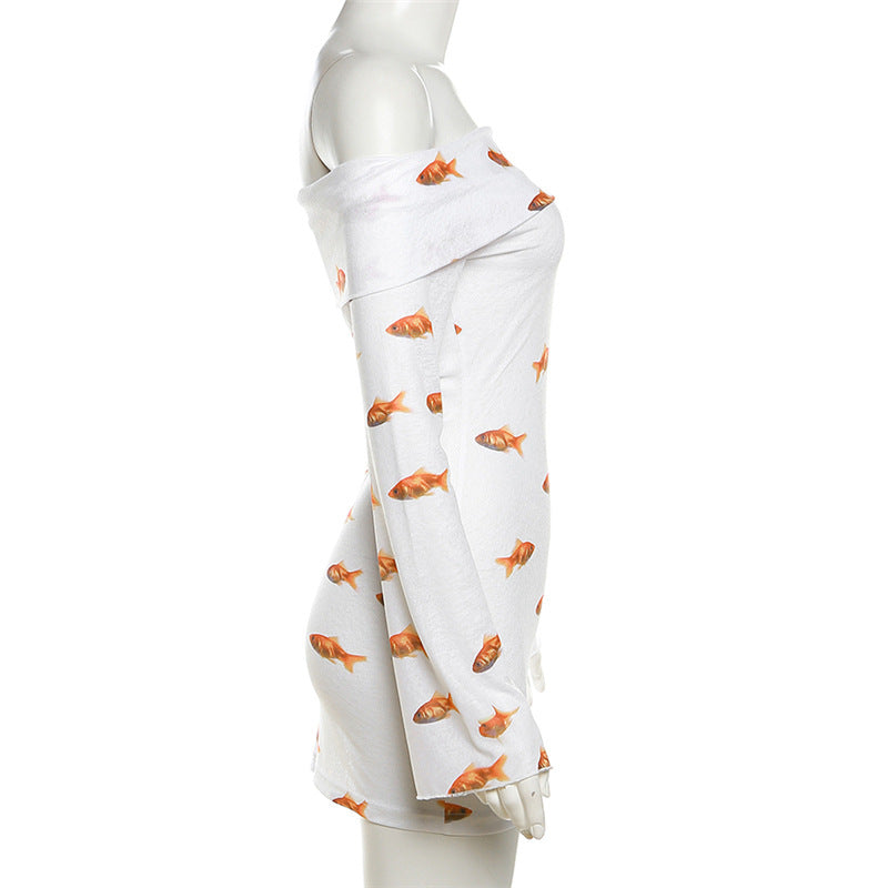 Women Summer Long Sleeve Off Shoulder Printed Bodycon Dress 10