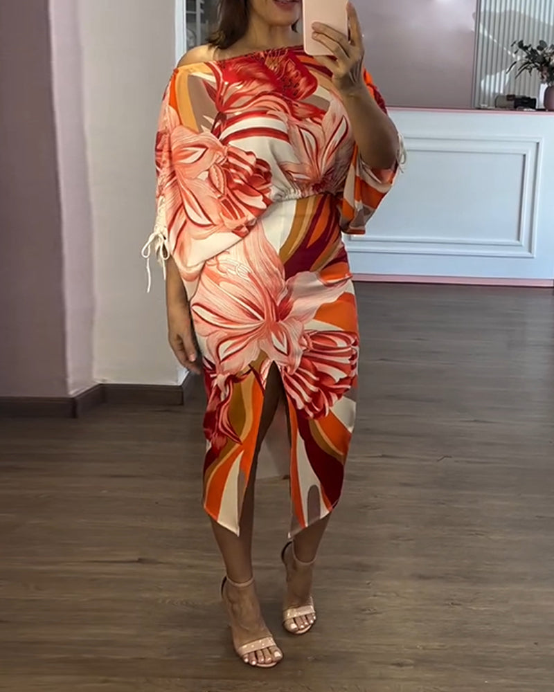 Women's Floral Side-Drawstring Loose Crop Top & Slim Side-Slit Mid-Length Skirt Set