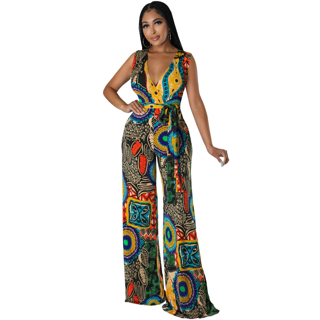 Sexy Fashion Printing V-Neck Wide Leg Women's Jumpsuit 5