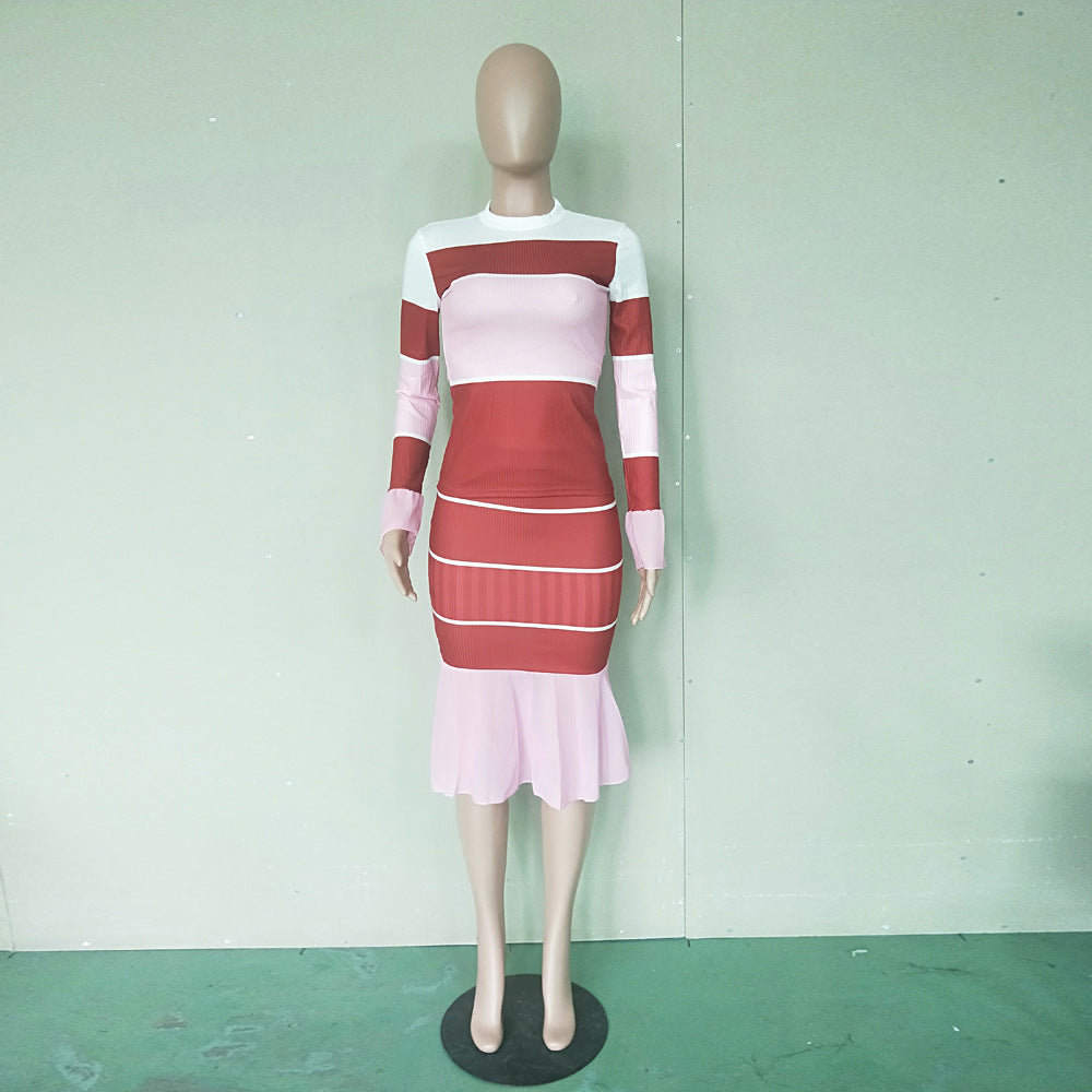 Women Fall Casual Striped Chiffon Patchwork Long Sleeve Top + Pants Two Piece Set 13