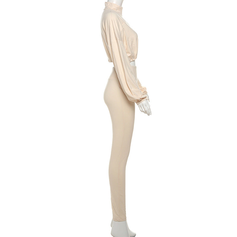 Spring And Autumn Sexy Drawstring Slim Waist Crop Top High Waist Tight Fitting Trousers Two Piece Set 21