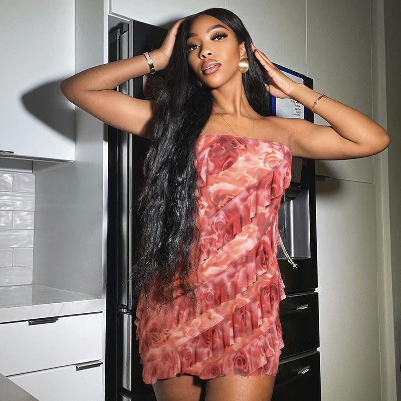 Women's Spring/Summer Flounce Mesh Strapless Mini Rose Print Bodycon Dress 18